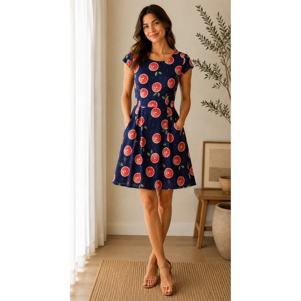 L.A. Soul Women Navy Blue Grapefruit Print Fit and Flare Pocket Mini Dress L